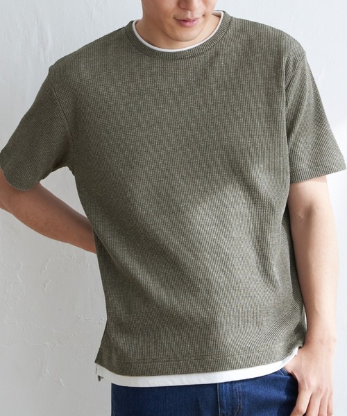ikka（イッカ）の「【雑誌MonoMax4月号掲載】メランジワッフルフェイクTシャツ（Tシャツ/カットソー・メンズ・ブラック/グレー/オリーブ/ブルー/ピンク・S/M/L/XL）」の8枚目の写真
