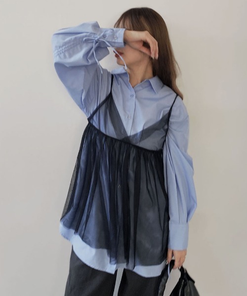 Reurie'（レウリィ）の「チュールキャミビスチェ／tulle cami bustier シアー シースルー 透け感 キャミソール レイヤード 重ね着 カジュアル 綺麗め レディライク ガーリー 韓国（チュニック・レディース・ブラック/ブラック系その他・FREE）」の6枚目の写真