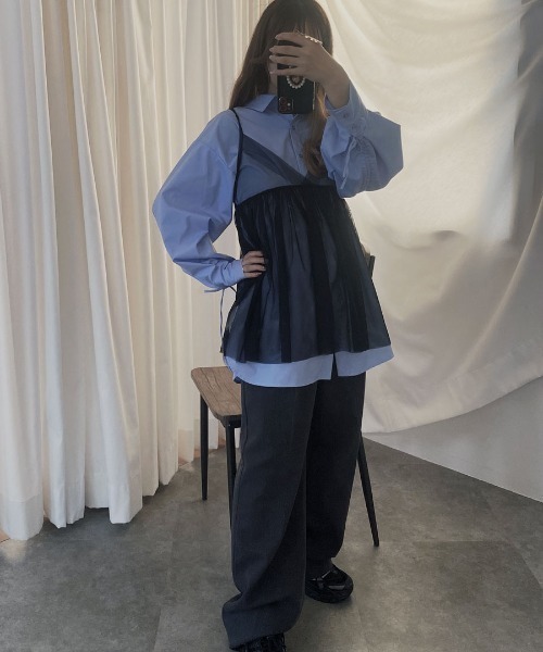 Reurie'（レウリィ）の「チュールキャミビスチェ／tulle cami bustier シアー シースルー 透け感 キャミソール レイヤード 重ね着 カジュアル 綺麗め レディライク ガーリー 韓国（チュニック・レディース・ブラック/ブラック系その他・FREE）」の12枚目の写真