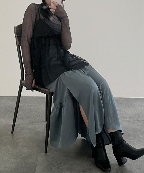 Reurie'（レウリィ）の「チュールキャミビスチェ／tulle cami bustier シアー シースルー 透け感 キャミソール レイヤード 重ね着 カジュアル 綺麗め レディライク ガーリー 韓国（チュニック・レディース・ブラック/ブラック系その他・FREE）」の16枚目の写真