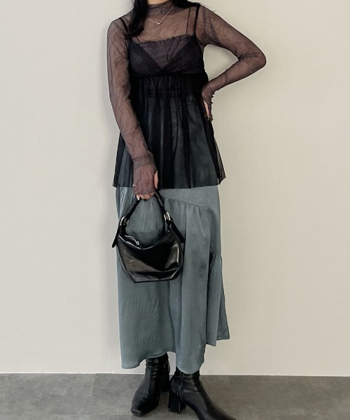 Reurie'（レウリィ）の「チュールキャミビスチェ／tulle cami bustier シアー シースルー 透け感 キャミソール レイヤード 重ね着 カジュアル 綺麗め レディライク ガーリー 韓国（チュニック・レディース・ブラック/ブラック系その他・FREE）」の18枚目の写真