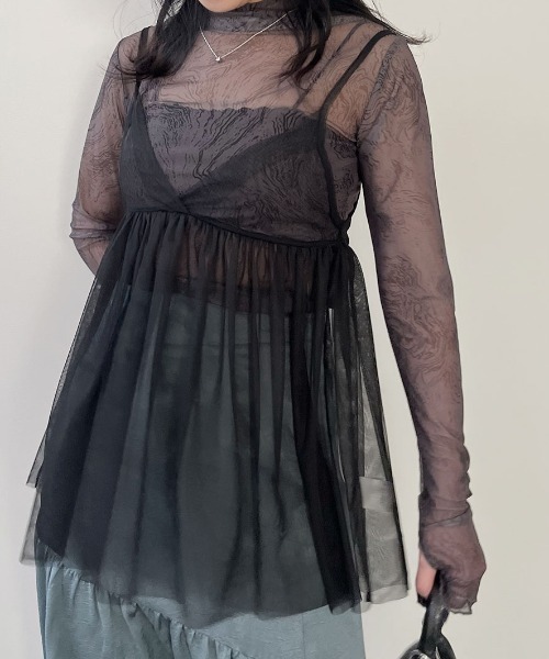 Reurie'（レウリィ）の「チュールキャミビスチェ／tulle cami bustier シアー シースルー 透け感 キャミソール レイヤード 重ね着 カジュアル 綺麗め レディライク ガーリー 韓国（チュニック・レディース・ブラック/ブラック系その他・FREE）」の20枚目の写真