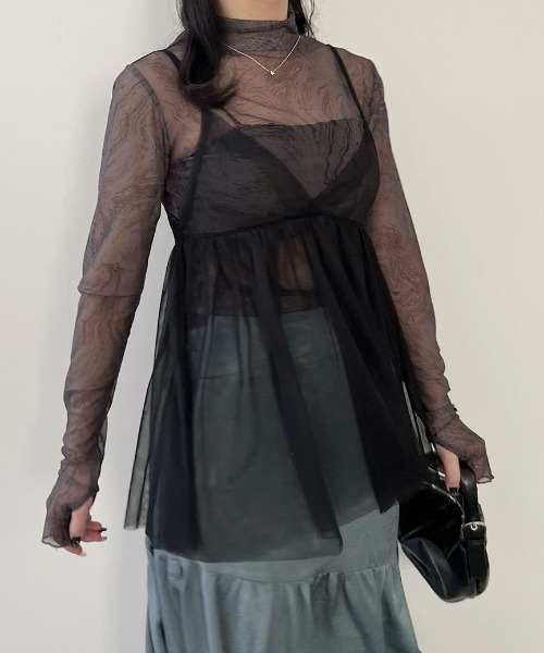 Reurie'（レウリィ）の「チュールキャミビスチェ／tulle cami bustier シアー シースルー 透け感 キャミソール レイヤード 重ね着 カジュアル 綺麗め レディライク ガーリー 韓国（チュニック・レディース・ブラック/ブラック系その他・FREE）」の21枚目の写真