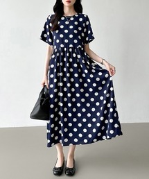 ドットワンピース フレアワンピース ウエストギャザー ドット柄 半袖 ワンピース ロング 夏服