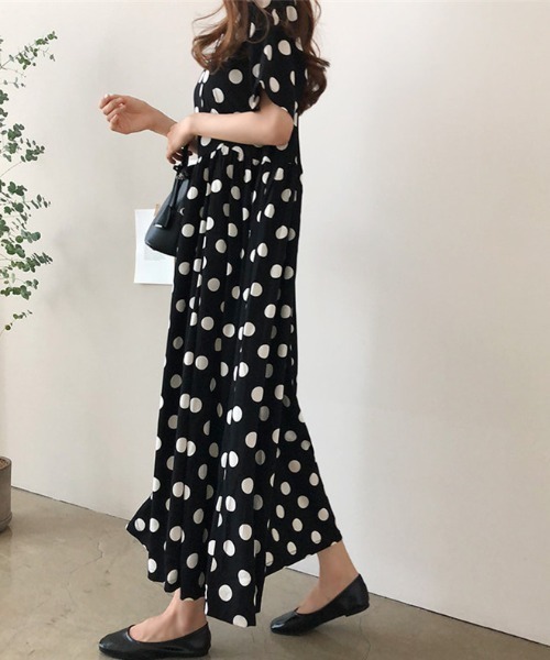 COCOMOMO(ココモモ)の「ドットワンピース フレアワンピース ウエストギャザー ドット柄 半袖 ワンピース ロング 夏服(ワンピース・レディース・ブラック/ネイビー・M/L/XL)」の6枚目の写真