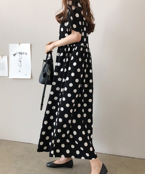 COCOMOMO(ココモモ)の「ドットワンピース フレアワンピース ウエストギャザー ドット柄 半袖 ワンピース ロング 夏服(ワンピース・レディース・ブラック/ネイビー・M/L/XL)」の7枚目の写真