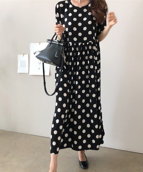 COCOMOMO(ココモモ)の「ドットワンピース フレアワンピース ウエストギャザー ドット柄 半袖 ワンピース ロング 夏服(ワンピース・レディース・ブラック/ネイビー・M/L/XL)」の8枚目の写真