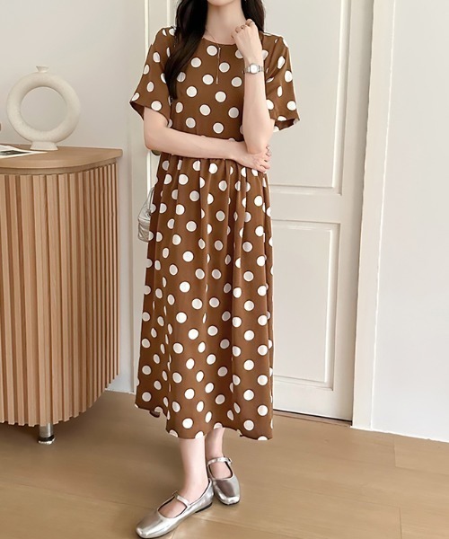COCOMOMO(ココモモ)の「ドットワンピース フレアワンピース ウエストギャザー ドット柄 半袖 ワンピース ロング 夏服(ワンピース・レディース・ブラック/ネイビー・M/L/XL)」の19枚目の写真