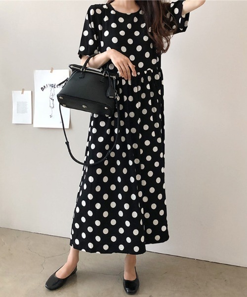 COCOMOMO(ココモモ)の「ドットワンピース フレアワンピース ウエストギャザー ドット柄 半袖 ワンピース ロング 夏服(ワンピース・レディース・ブラック/ネイビー・M/L/XL)」の12枚目の写真