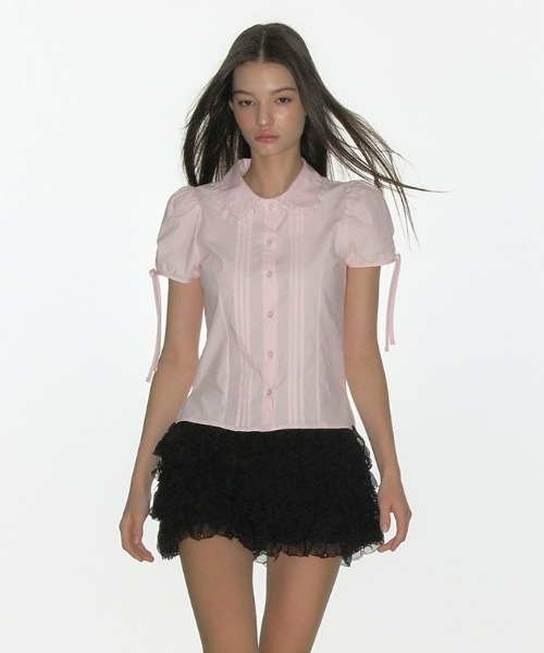 CRANK(クランク)の「韓国ブランド CRANK クランク PINTUCK LACE COLLAR BLOUSE レース 半袖ブラウス 半袖シャツ リボン パフスリーブトップス 韓国ファッション(シャツ/ブラウス・レディース・ホワイト/ピンク・ONE SIZE)」の10枚目の写真