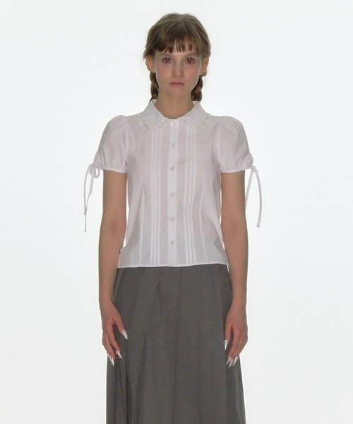 Crank Pintuck Lace Collar Blouse リボン 半袖 CRANK（クランク）の「韓国ブランド CRANK クランク PINTUCK LACE