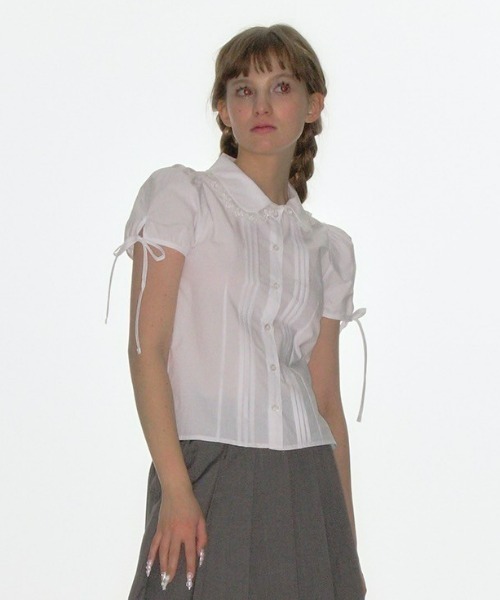 CRANK(クランク)の「韓国ブランド CRANK クランク PINTUCK LACE COLLAR BLOUSE レース 半袖ブラウス 半袖シャツ リボン パフスリーブトップス 韓国ファッション(シャツ/ブラウス・レディース・ホワイト/ピンク・ONE SIZE)」の19枚目の写真