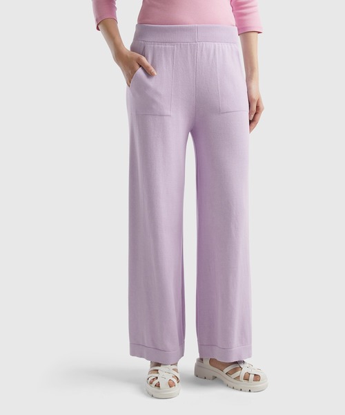 BENETTON (UNITED COLORS OF BENETTON)（ベネトンユナイテッドカラーズオブベネトン）の「コットン100％ニット無地ワイドパンツ（その他パンツ・レディース・ブラック/オフホワイト/ネイビー/ラベンダー・XX-SMALL/X-SMALL/SMALL/MEDIUM）」の4枚目の写真