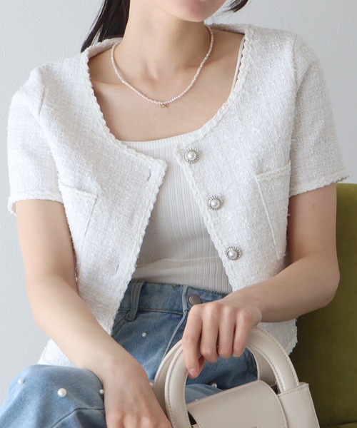 BLUEEAST(ブルーイースト)の「パールボタン半袖ツイードジャケット(ノーカラージャケット・レディース・ホワイト/ブラック/ブルー・MEDIUM)」の5枚目の写真