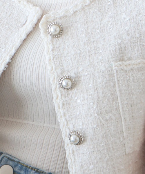 BLUEEAST(ブルーイースト)の「パールボタン半袖ツイードジャケット(ノーカラージャケット・レディース・ホワイト/ブラック/ブルー・MEDIUM)」の10枚目の写真