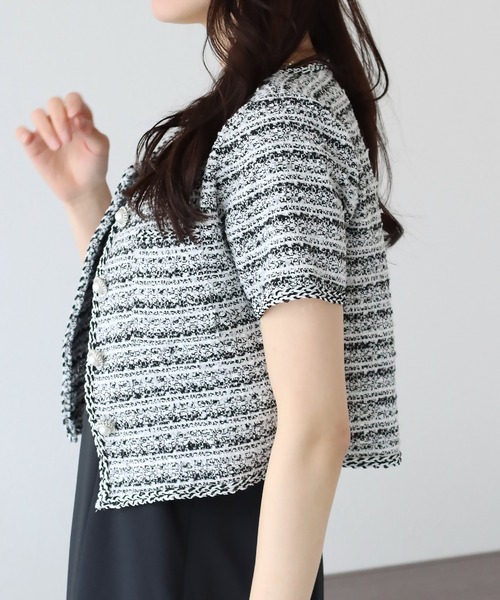 BLUEEAST(ブルーイースト)の「パールボタン半袖ツイードジャケット(ノーカラージャケット・レディース・ホワイト/ブラック/ブルー・MEDIUM)」の21枚目の写真