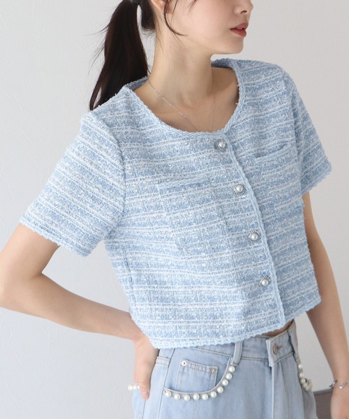【極美品】ハロッズ ノーカラージャケット ツイード 2 パール 刺繍 ツイードノーカラーミドル ジャケット （ノーカラージャケット