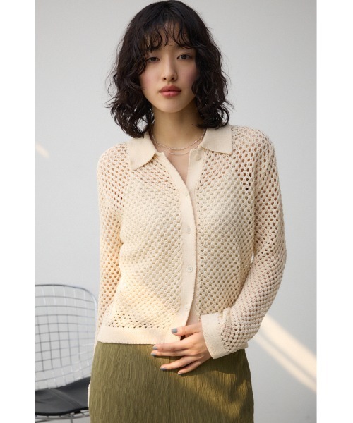 AZUL by moussy(アズールバイマウジー)の「メッシュポロニット(カーディガン/ボレロ・レディース・オレンジ/ブラック/アイボリー・FREE)」の6枚目の写真