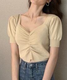 Vネックフロントシャーリングパフスリーブトップス