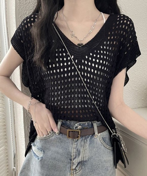 Miniministore(ミニミニストア)の「メッシュ編みニット Vネックサマーニット(ニット/セーター・レディース・ホワイト/ブラック/グレー/モカ・FREE)」の2枚目の写真