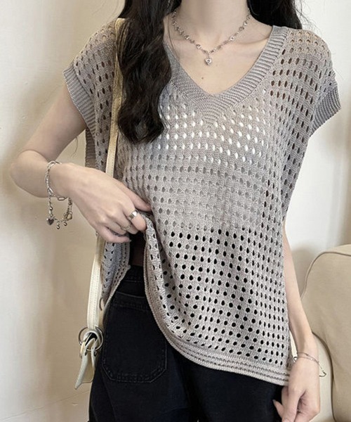 Miniministore(ミニミニストア)の「メッシュ編みニット Vネックサマーニット(ニット/セーター・レディース・ホワイト/ブラック/グレー/モカ・FREE)」の18枚目の写真