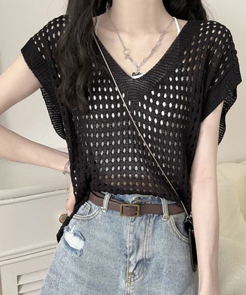 Miniministore(ミニミニストア)の「メッシュ編みニット Vネックサマーニット(ニット/セーター・レディース・ホワイト/ブラック/グレー/モカ・FREE)」の16枚目の写真