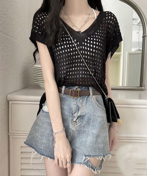 Miniministore(ミニミニストア)の「メッシュ編みニット Vネックサマーニット(ニット/セーター・レディース・ホワイト/ブラック/グレー/モカ・FREE)」の17枚目の写真