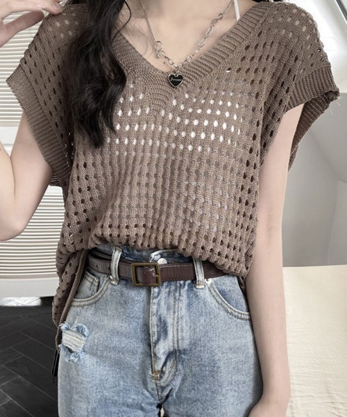 Miniministore(ミニミニストア)の「メッシュ編みニット Vネックサマーニット(ニット/セーター・レディース・ホワイト/ブラック/グレー/モカ・FREE)」の6枚目の写真