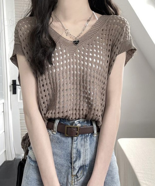 Miniministore(ミニミニストア)の「メッシュ編みニット Vネックサマーニット(ニット/セーター・レディース・ホワイト/ブラック/グレー/モカ・FREE)」の7枚目の写真
