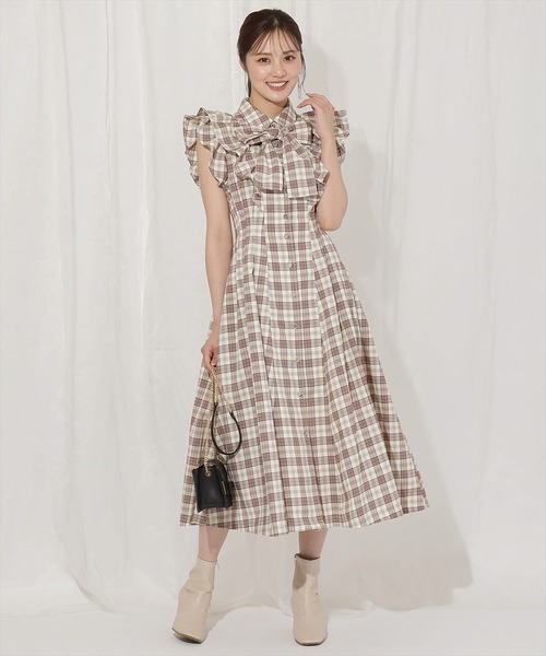 新品　ウィルセレクション　ショルダーリボンタックウエストシャツワンピース リボンタイタックウエストシャツワンピース(F ピンク
