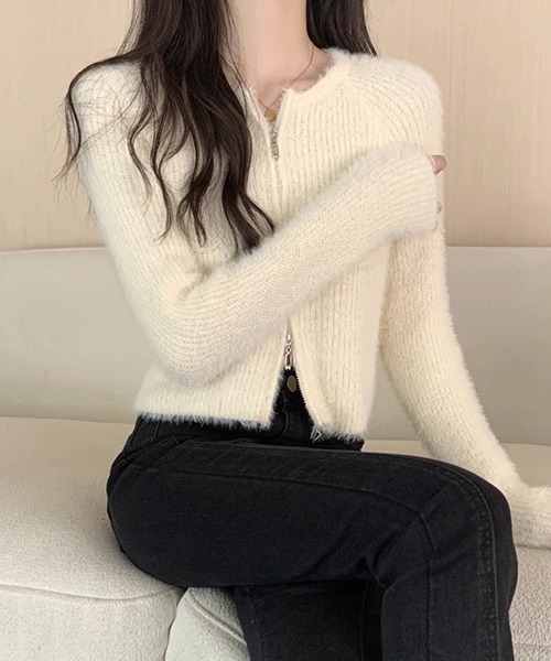 c.u.l（シーユーエル）の「ダブルジップ ふわふわニットトップス culw745（ニット/セーター・レディース・ブラック/アイボリー/カーキ・FREE）」の8枚目の写真