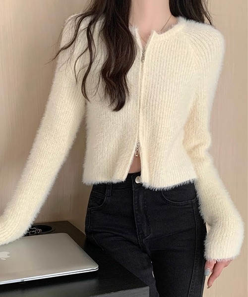 c.u.l（シーユーエル）の「ダブルジップ ふわふわニットトップス culw745（ニット/セーター・レディース・ブラック/アイボリー/カーキ・FREE）」の14枚目の写真