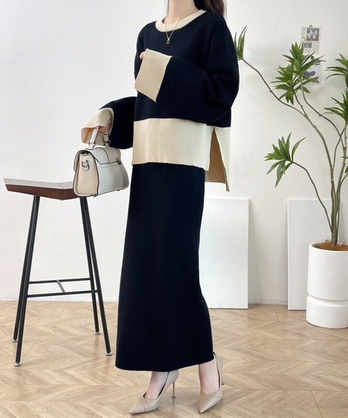 ABITOKYO(アビトーキョー)の「バイカラーサイドスリットニットプルオーバーセットアップ(セットアップ・レディース・モスグリーン/ベージュ/ブラック・FREE)」の20枚目の写真