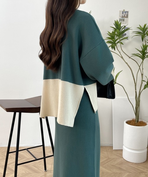 ABITOKYO(アビトーキョー)の「バイカラーサイドスリットニットプルオーバーセットアップ(セットアップ・レディース・モスグリーン/ベージュ/ブラック・FREE)」の17枚目の写真