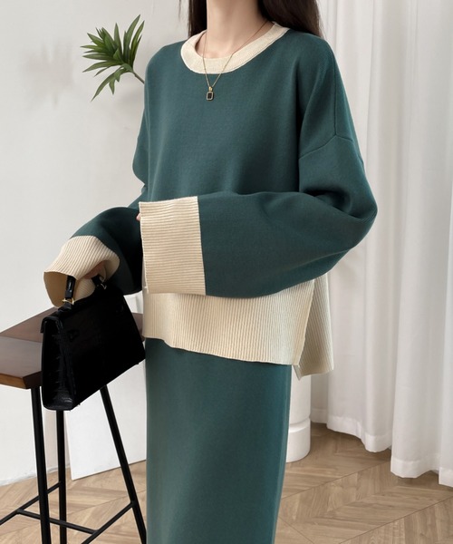 ABITOKYO(アビトーキョー)の「バイカラーサイドスリットニットプルオーバーセットアップ(セットアップ・レディース・モスグリーン/ベージュ/ブラック・FREE)」の13枚目の写真