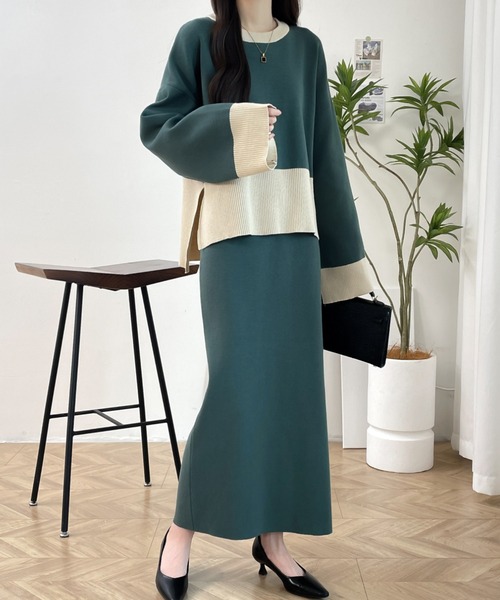 ABITOKYO(アビトーキョー)の「バイカラーサイドスリットニットプルオーバーセットアップ(セットアップ・レディース・モスグリーン/ベージュ/ブラック・FREE)」の10枚目の写真