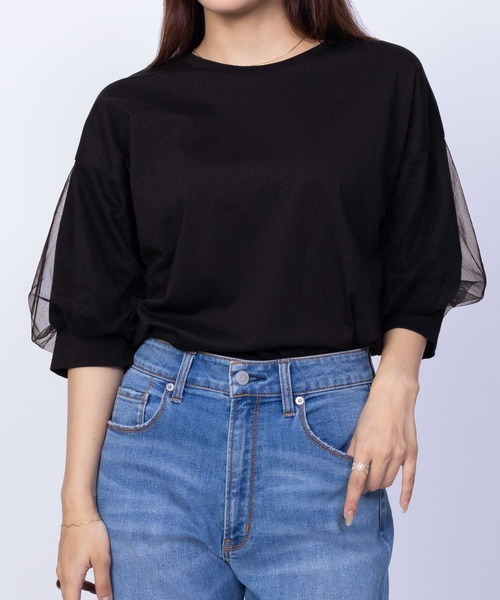 Howdy Marie（ハウディ―マリー）の「Howdy Marie 袖チュール 5分袖Ｔシャツ（Tシャツ/カットソー・レディース・チャコールグレー/オフホワイト/ブラック・M/L）」の3枚目の写真