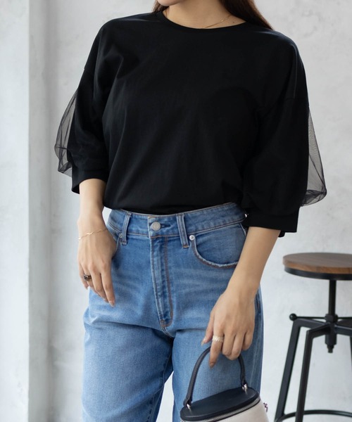 Howdy Marie（ハウディ―マリー）の「Howdy Marie 袖チュール 5分袖Ｔシャツ（Tシャツ/カットソー・レディース・チャコールグレー/オフホワイト/ブラック・M/L）」の6枚目の写真