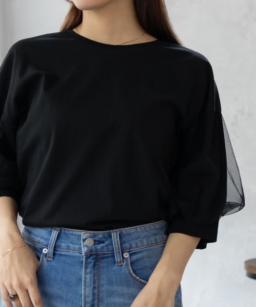 Howdy Marie（ハウディ―マリー）の「Howdy Marie 袖チュール 5分袖Ｔシャツ（Tシャツ/カットソー・レディース・チャコールグレー/オフホワイト/ブラック・M/L）」の7枚目の写真