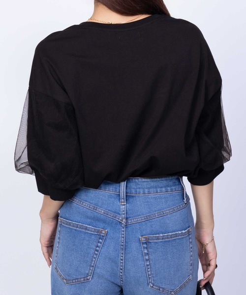 Howdy Marie（ハウディ―マリー）の「Howdy Marie 袖チュール 5分袖Ｔシャツ（Tシャツ/カットソー・レディース・チャコールグレー/オフホワイト/ブラック・M/L）」の9枚目の写真