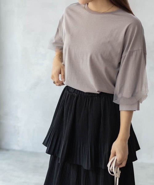 Howdy Marie（ハウディ―マリー）の「Howdy Marie 袖チュール 5分袖Ｔシャツ（Tシャツ/カットソー・レディース・チャコールグレー/オフホワイト/ブラック・M/L）」の13枚目の写真