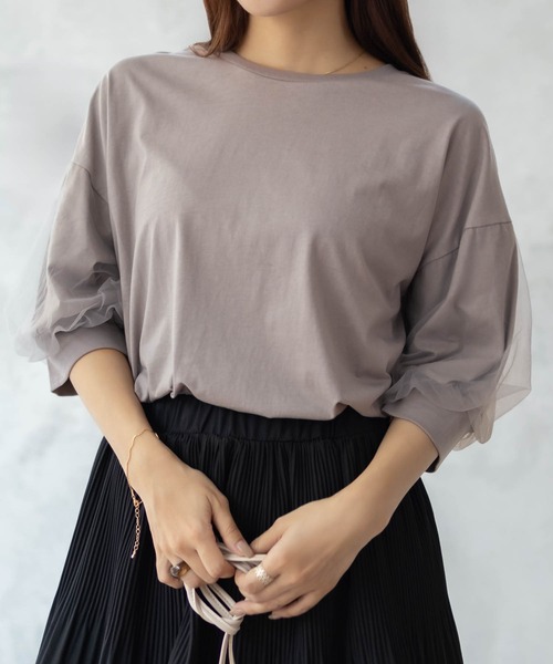 Howdy Marie（ハウディ―マリー）の「Howdy Marie 袖チュール 5分袖Ｔシャツ（Tシャツ/カットソー・レディース・チャコールグレー/オフホワイト/ブラック・M/L）」の14枚目の写真