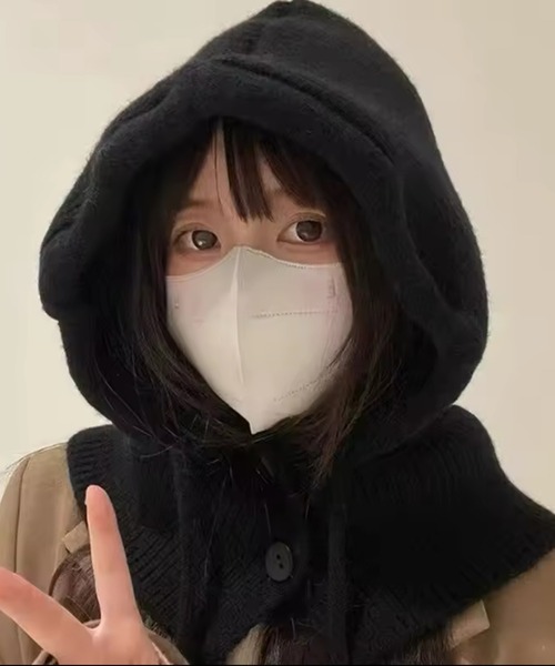 Port（ポート）の「【 SORUTT / ソルト 】 ボタン付き バラクラバ / ニットフード ウォームキャップ #（ニットキャップ/ビーニー・レディース・レッド/ベージュ/グレー/ブラック/アイボリー・FREE）」の3枚目の写真