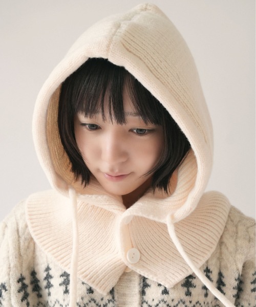 Port（ポート）の「【 SORUTT / ソルト 】 ボタン付き バラクラバ / ニットフード ウォームキャップ #（ニットキャップ/ビーニー・レディース・レッド/ベージュ/グレー/ブラック/アイボリー・FREE）」の19枚目の写真