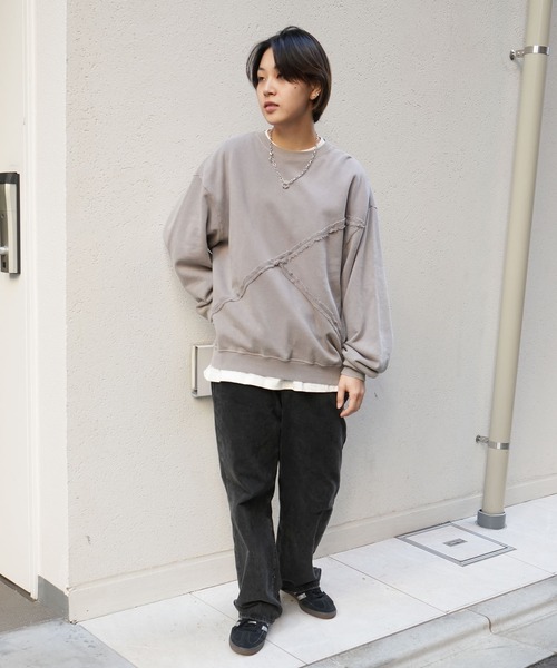 セール】sulfur dyeing cut off switching hard wash sweat shirt/硫化