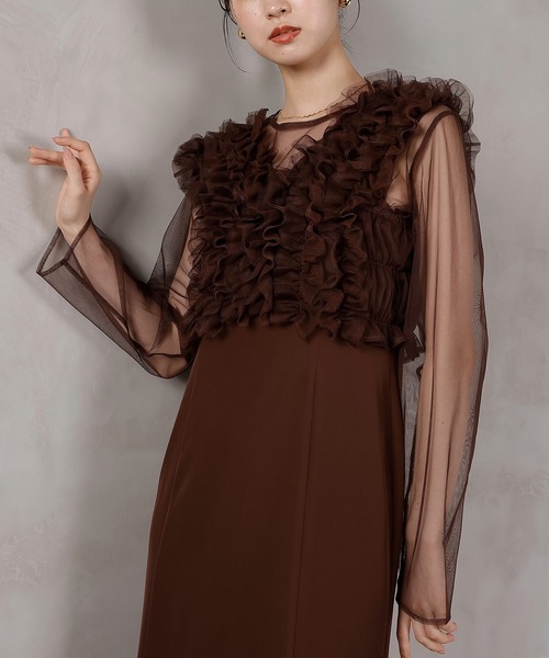 LE’RUREリルアー　kana オケージョンドレス　結婚式　パーティドレス チュール ボリューム フリル ベスト シアー トップス ワンピース