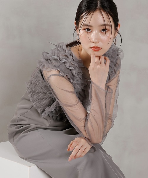 チュール ボリューム フリル ベスト シアー トップス ワンピース