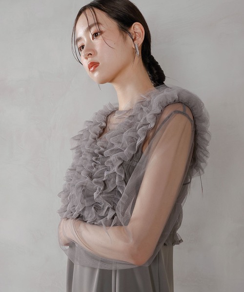 チュール ボリューム フリル ベスト シアー トップス ワンピース 3点