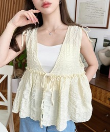 moment+ | ポコポコチェックショルダーリボンペプラムベスト(ベスト)