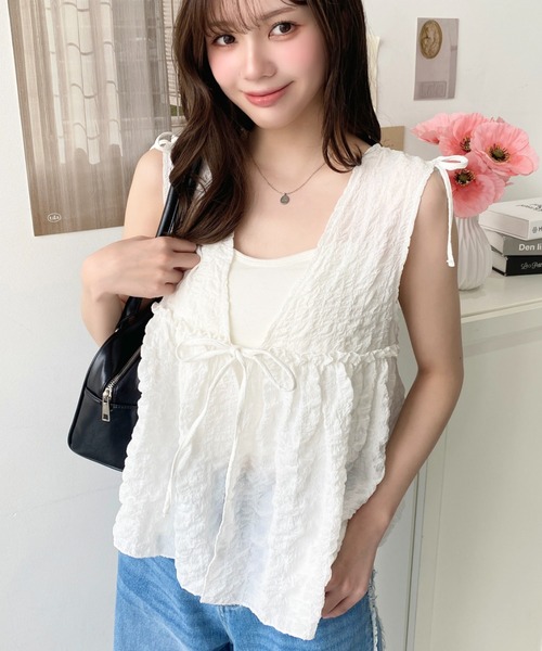 moment+(モーメントプラス)の「ポコポコチェックショルダーリボンペプラムベスト(ベスト・レディース・ブラック/オフホワイト/ナチュラル・M/L)」の9枚目の写真